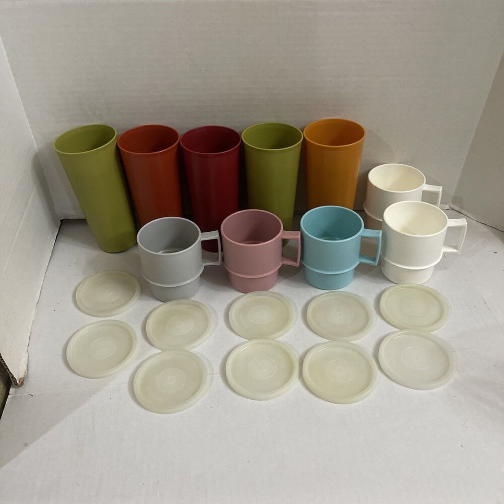 Vintage Tupperware Tumblers And Coffee Mugs With Lids Multicolored Lot Of 20 USA